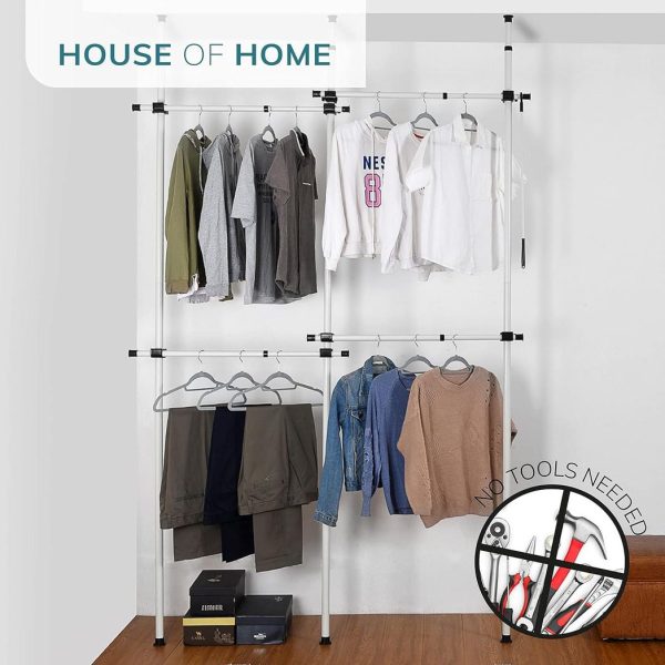 Double Telescopic Wardrobe Organiser Hanging Rail Clothes Rack Adjustable Storage Shelving - Image 5