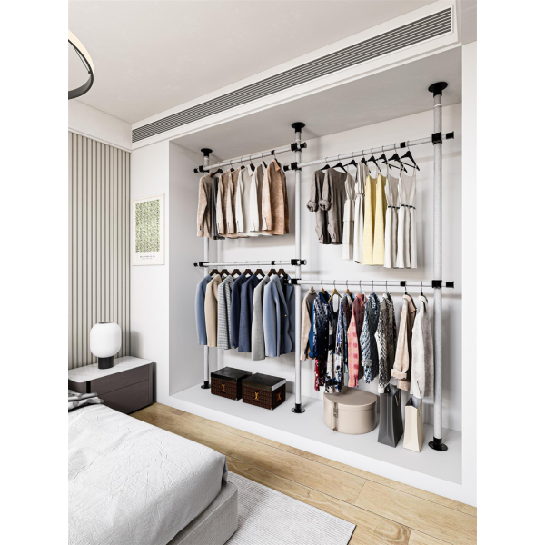 Double Telescopic Wardrobe Organiser Hanging Rail Clothes Rack Adjustable Storage Shelving - Image 6