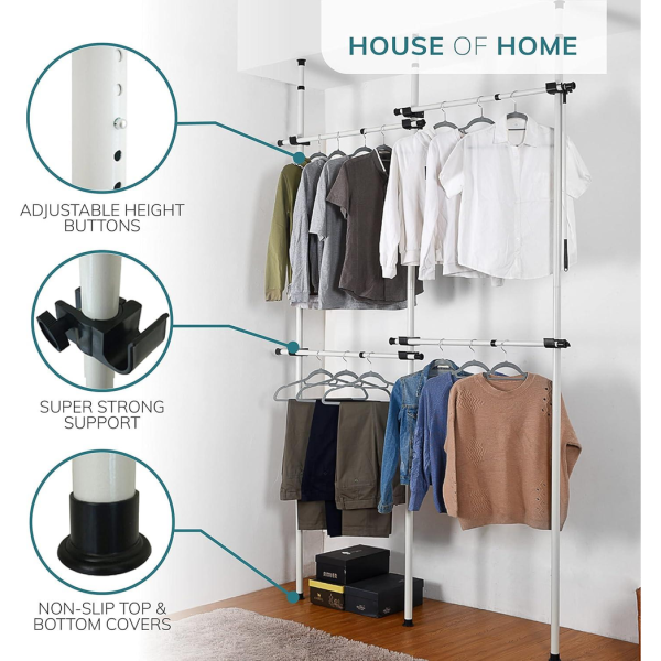 Double Telescopic Wardrobe Organiser Hanging Rail Clothes Rack Adjustable Storage Shelving - Image 7