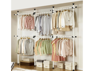 Triple Telescopic Wardrobe Organiser Hanging Rail Clothes Rack Adjustable Storage Shelving