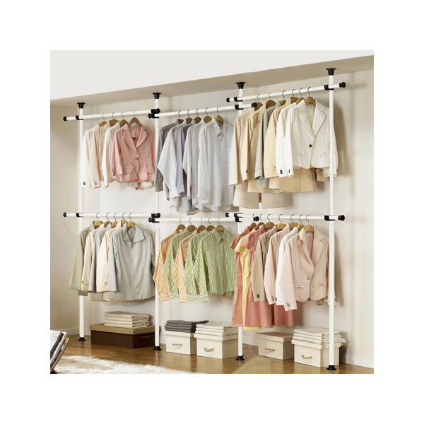 Triple Telescopic Wardrobe Organiser Hanging Rail Clothes Rack Adjustable Storage Shelving