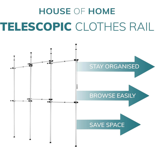 Triple Telescopic Wardrobe Organiser Hanging Rail Clothes Rack Adjustable Storage Shelving - Image 5