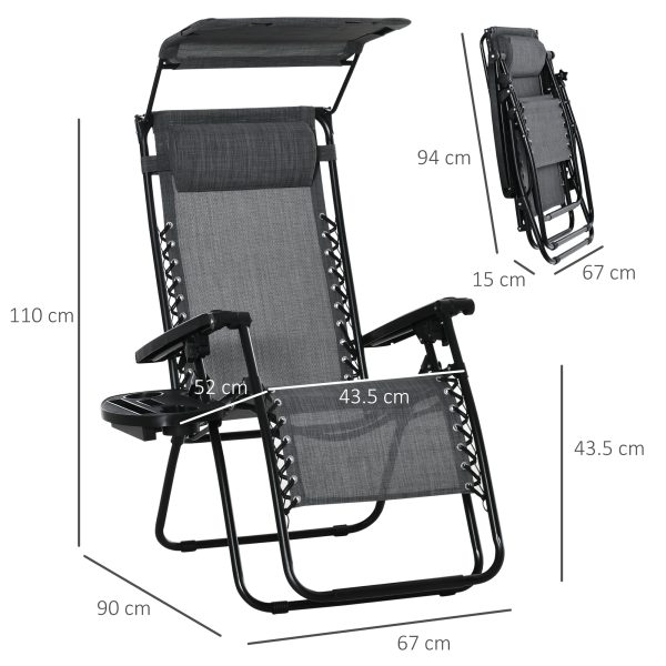 Steel Frame Zero Gravity Outdoor Garden Deck Chair with Canopy - Light Grey - Image 5