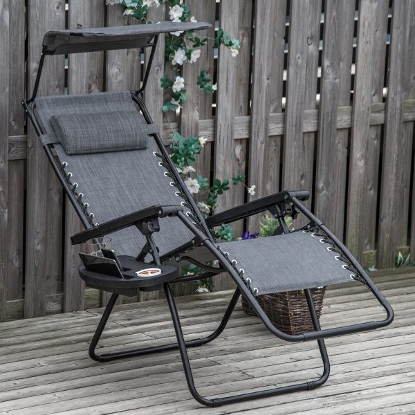 Steel Frame Zero Gravity Outdoor Garden Deck Chair with Canopy - Light Grey - Image 2