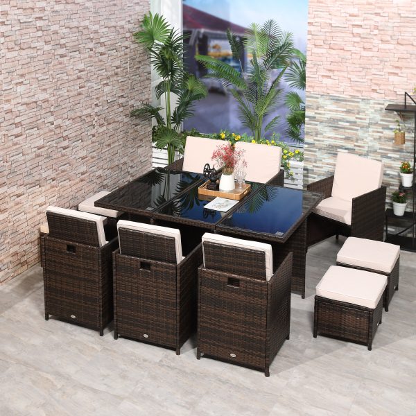 11pc Rattan Garden Dining Set 10 Cube Sofa 6 Chairs 4 Footrests & 1 Table-Brown - Image 2