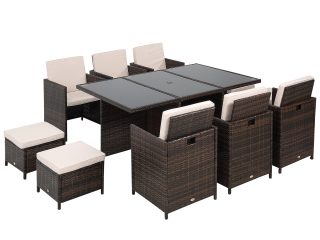 11pc Rattan Garden Dining Set 10 Cube Sofa 6 Chairs 4 Footrests & 1 Table-Brown