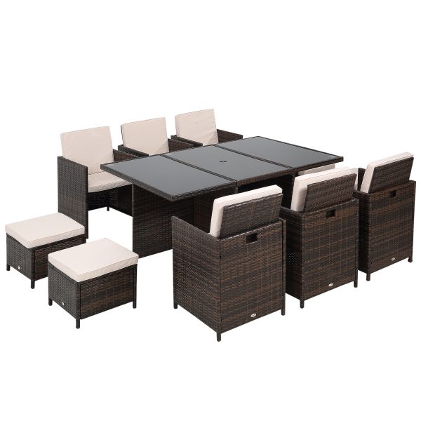 11pc Rattan Garden Dining Set 10 Cube Sofa 6 Chairs 4 Footrests & 1 Table-Brown