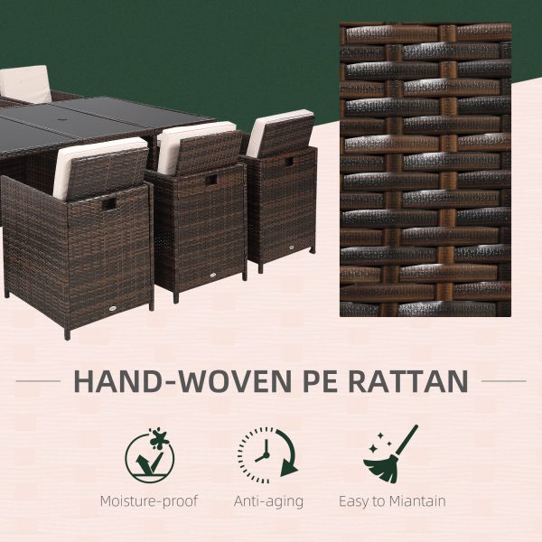 11pc Rattan Garden Dining Set 10 Cube Sofa 6 Chairs 4 Footrests & 1 Table-Brown - Image 6