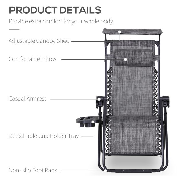 Steel Frame Zero Gravity Outdoor Garden Deck Chair w/ Canopy Grey - Image 3