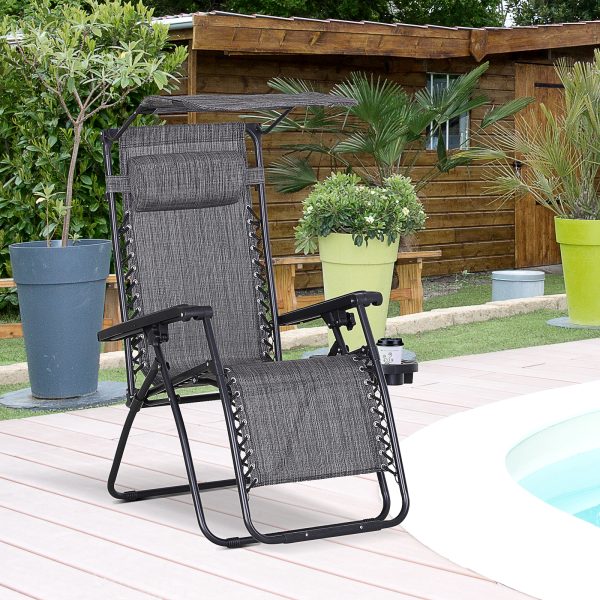 Steel Frame Zero Gravity Outdoor Garden Deck Chair w/ Canopy Grey - Image 2