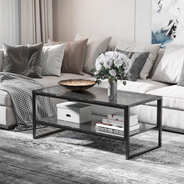 Two-Tier Laminate Marble Print Coffee Table Metal Frame Elegant Style - Image 2