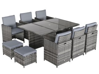 11pc Rattan Garden Dining Set 10 Cube Sofa 6 Chairs 4 Footrests & 1 Table - Grey