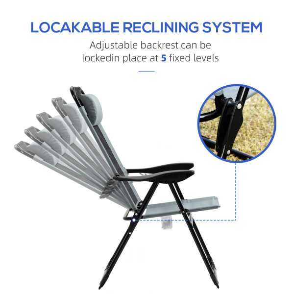 Set of 2 Metal Portable Folding Recliner w/ Adjustable Backrest, Grey - Image 4