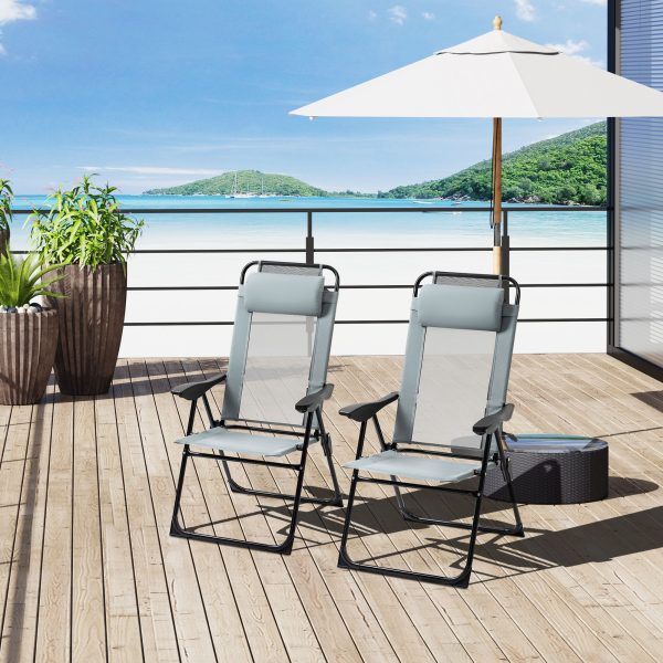 Set of 2 Metal Portable Folding Recliner w/ Adjustable Backrest, Grey - Image 2