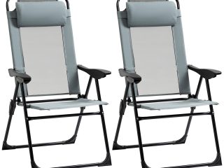 Set of 2 Metal Portable Folding Recliner w/ Adjustable Backrest, Grey