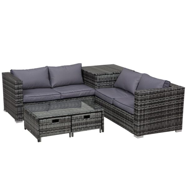 4pcs Rattan Sofa Storage & Table & 2 Drawers Cushions Corner Trunk Coffee Grey