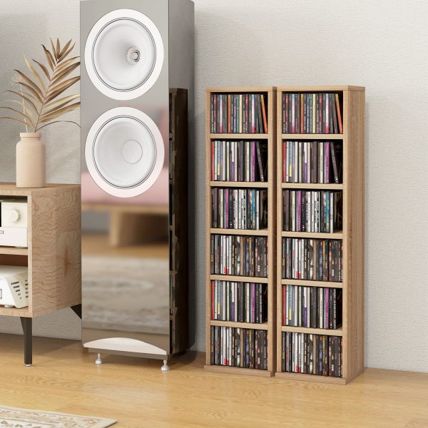 HOMCOM Set of 2 CD Media Display Shelf Unit Tower Rack Adjustable, Natural - Image 2