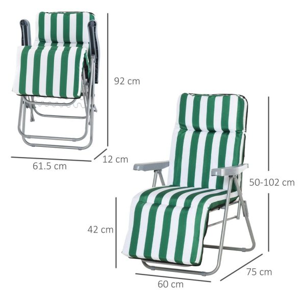 Set of 2 Folding Sun Lounger Recliner Chairs Daybed Cushion Green White - Image 5