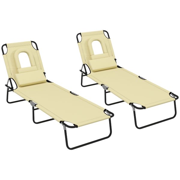 Outsunny Folding Sun Lounger Set of 2 Reclining Chair with Reading Hole Beige - Image 6