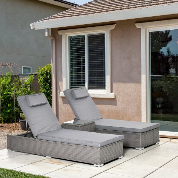 3 Piece Rattan Lounge Set, Side Table, 5-Position Adjustable Recline Chair, Grey - Image 2