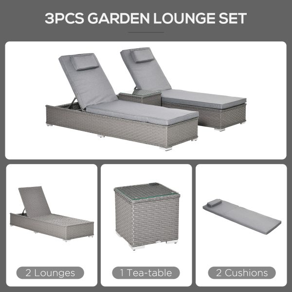 3 Piece Rattan Lounge Set, Side Table, 5-Position Adjustable Recline Chair, Grey - Image 4