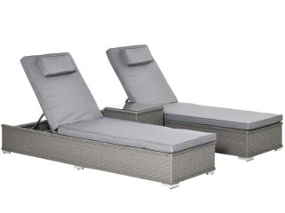 3 Piece Rattan Lounge Set, Side Table, 5-Position Adjustable Recline Chair, Grey