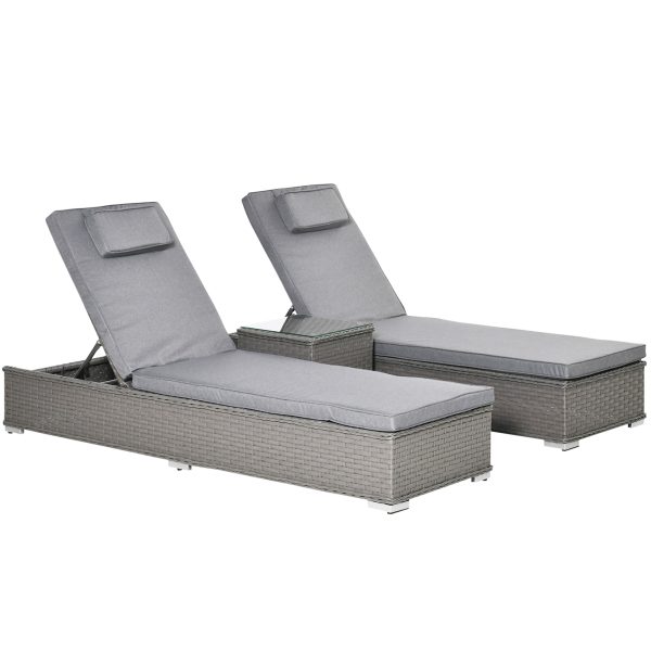 3 Piece Rattan Lounge Set, Side Table, 5-Position Adjustable Recline Chair, Grey