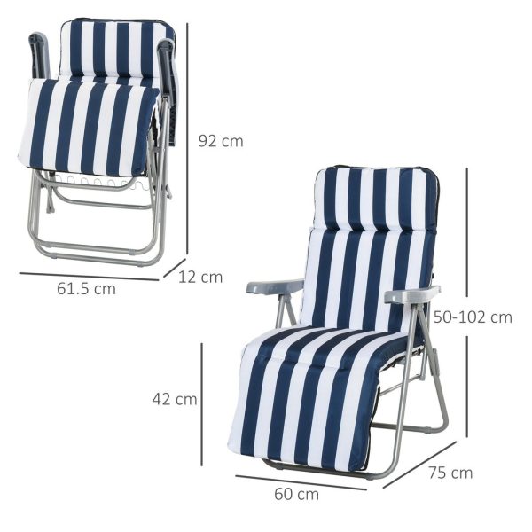Set of 2 Folding Sun Lounger Recliner Chairs Daybed Cushion Blue White - Image 5