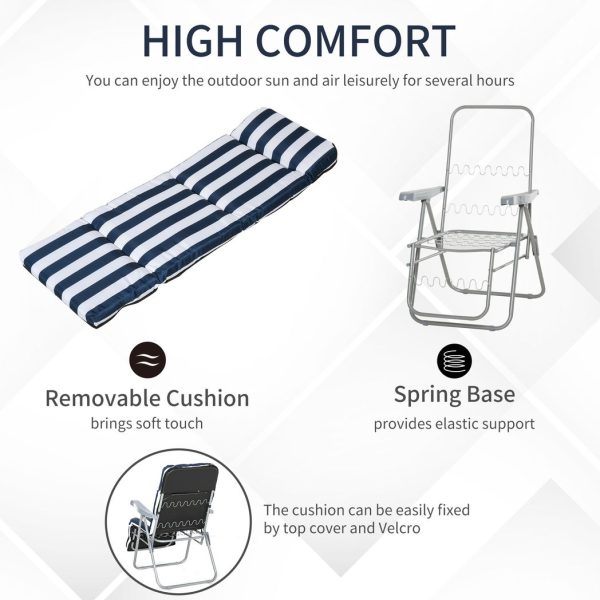 Set of 2 Folding Sun Lounger Recliner Chairs Daybed Cushion Blue White - Image 3