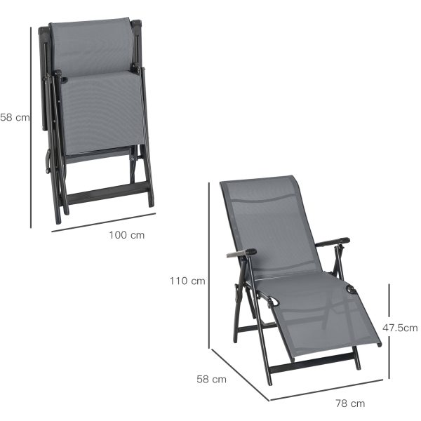 Set Of 2 Outdoor Sun Recliner Loungers with Adjustable Footrest, Grey - Image 5