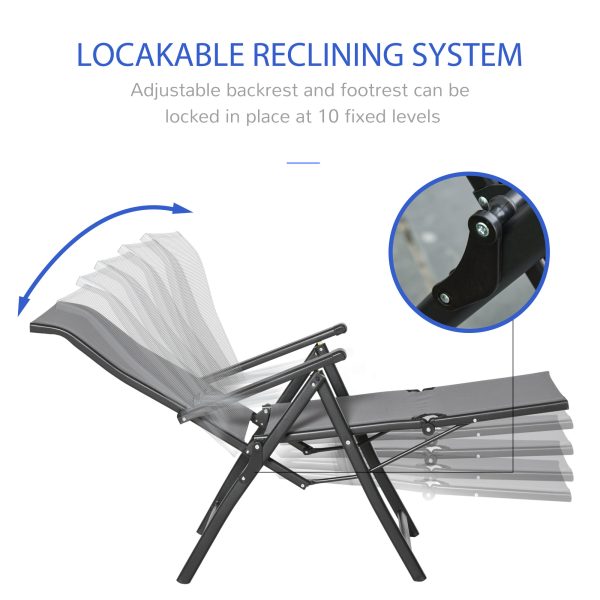 Set Of 2 Outdoor Sun Recliner Loungers with Adjustable Footrest, Grey - Image 3
