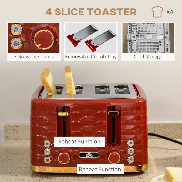 HOMCOM Kettle and Toaster Set 1.7L Rapid Boil Kettle & 4 Slice Toaster Red - Image 5