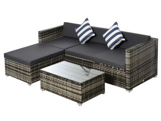 5 Pieces Rattan Sofa Set Wicker Sectional Cushion Patio Grey Garden