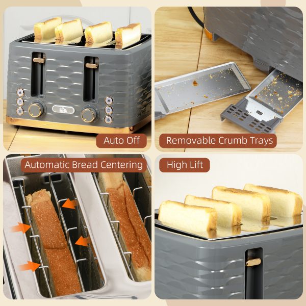 HOMCOM Toaster with 4 Slot, 7 Browning Levels, 1600W, Grey Ripple - Image 7