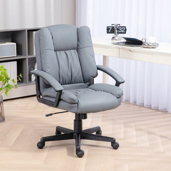 HOMCOM Faux Leather Home Office Chair Mid Back Desk Chair with Arms Light Grey - Image 2