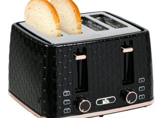 HOMCOM Toaster with 4 Slot, 7 Browning Levels, 1600W, Black Honeycomb