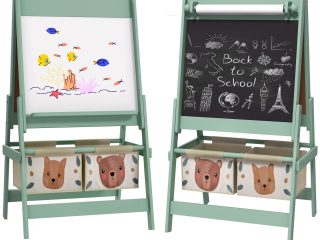 AIYAPLAY Kids Easel with Paper Roll, Blackboard, Whiteboard, Storage, Green