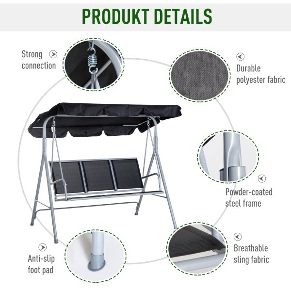 Outdoor 3-Seater Swing Chair-Black - Image 4