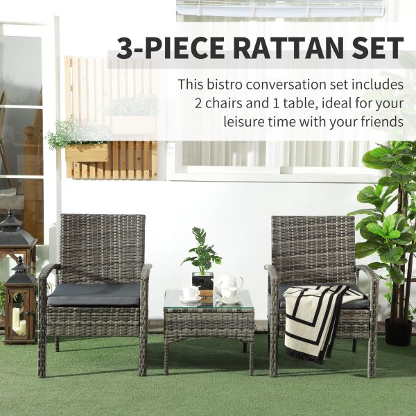 Outsunny 3PC Garden Rattan Bistro Set Balcony Dining Table Chair Mixed Grey - Image 3