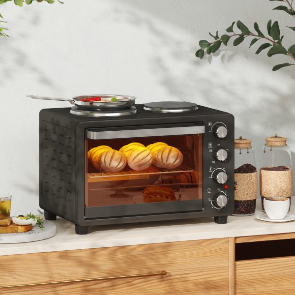 HOMCOM 28L Countertop Toaster Oven with 2 Hot Plates, Grill, Roast, Bake - Image 2
