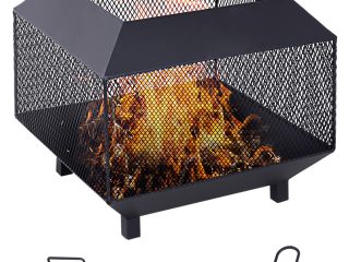 Outsunny Fire Pit, Square Shape, Steel-Black