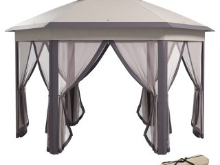 4.05m x 4.05m Metal Frame Mesh Draped 2-Tier Roof Gazebo Brown