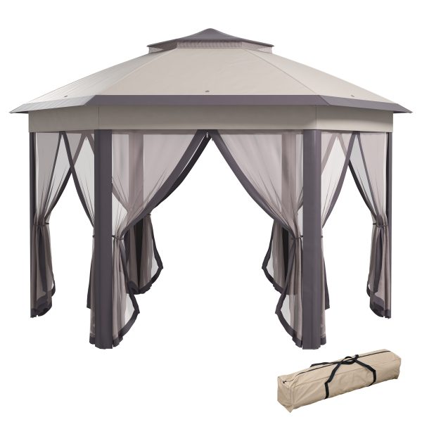 4.05m x 4.05m Metal Frame Mesh Draped 2-Tier Roof Gazebo Brown