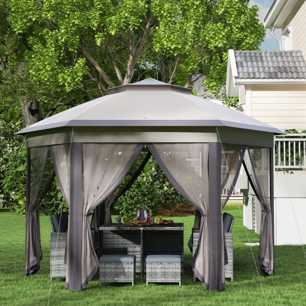 4.05m x 4.05m Metal Frame Mesh Draped 2-Tier Roof Gazebo Brown - Image 7