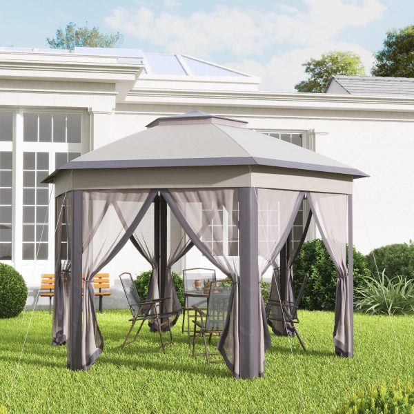 4.05m x 4.05m Metal Frame Mesh Draped 2-Tier Roof Gazebo Brown - Image 2