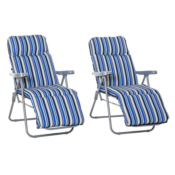 Set of 2 Adjustable Sun Lounger Recliner Reclining Seat Blue and White