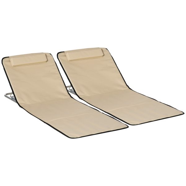 2 Foldable Garden Beach Chair Sun Lounger Seats Metal Frame Head Pillow, Beige