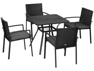 Outsunny 4 Seater Rattan Garden Dining Set Outdoor with Umbrella Hole - Black