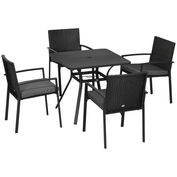 Outsunny 4 Seater Rattan Garden Dining Set Outdoor with Umbrella Hole - Black