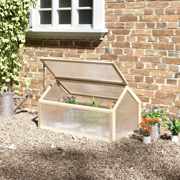 Wooden Cold Frame Greenhouse Garden Polycarbonate Grow House, Natural Outsunny - Image 2